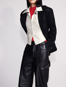 Leather Wide Leg Cargo Pants, Black, hi-res