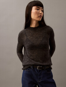 透視羊駝毛細針圓領毛衣, Gun Metal Heather, hi-res
