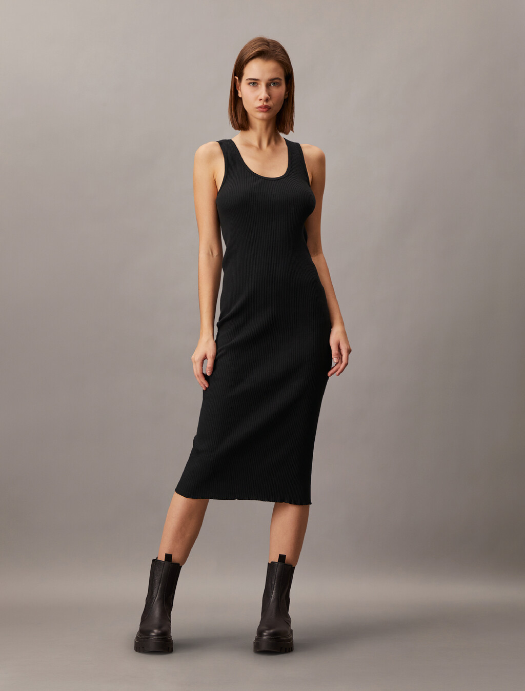 Rib Knit Midi Dress, Black, hi-res