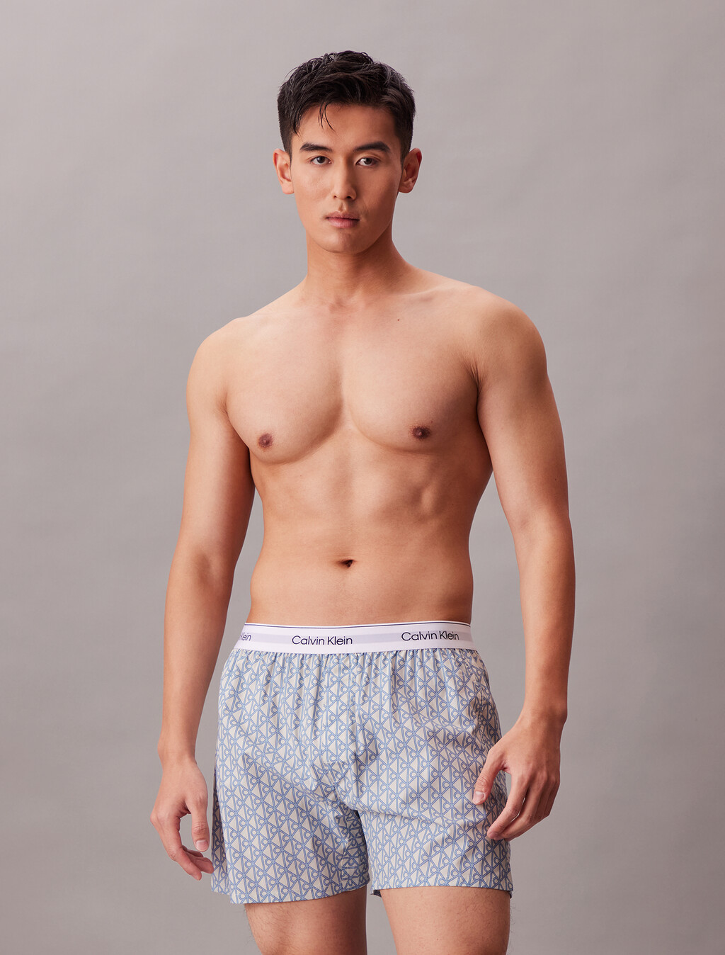 Cotton Poplin Traditional Boxers, ICON COTTON EMBLEM CHALK/GULF BLUE, hi-res