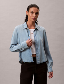 Cropped Denim Shirt, BRIGHTON BLUE, hi-res