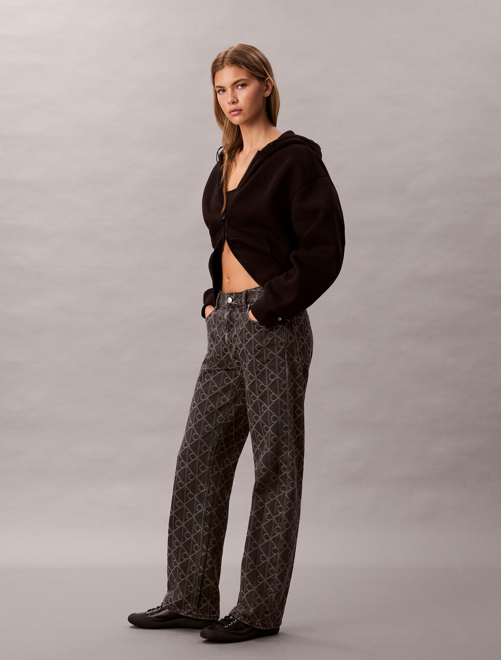 90s Straight Black Emblem Jacquard Jeans, BLACK EMBLEM, hi-res