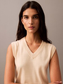 Merino V Neck Shrunken Vest, Linen, hi-res