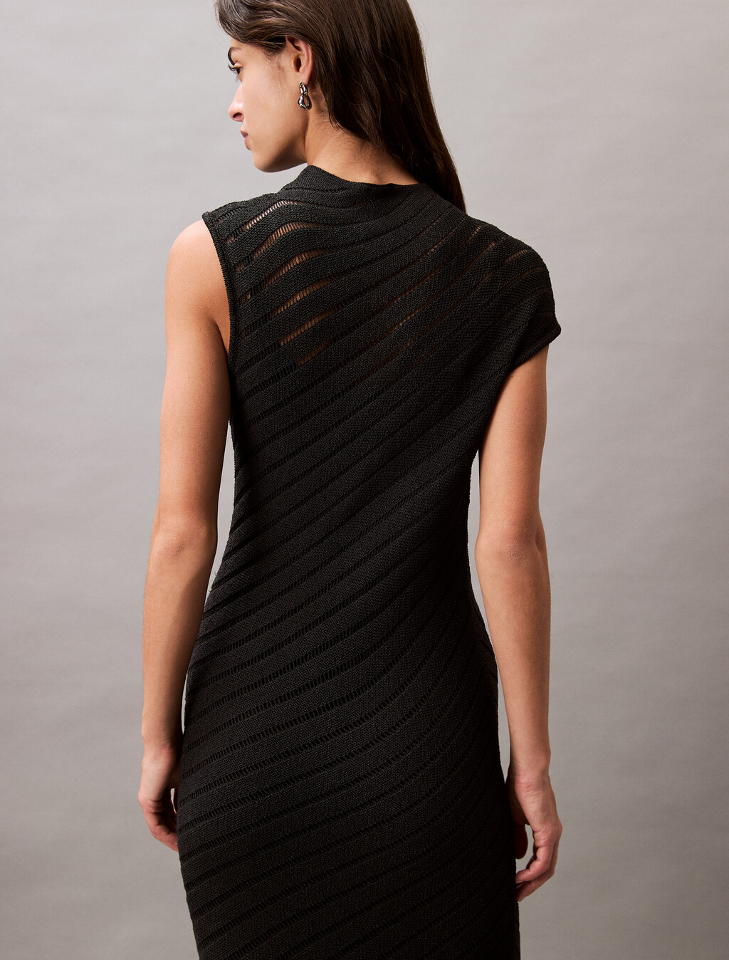 Asymmetric Mock Neck Dress, Black, hi-res