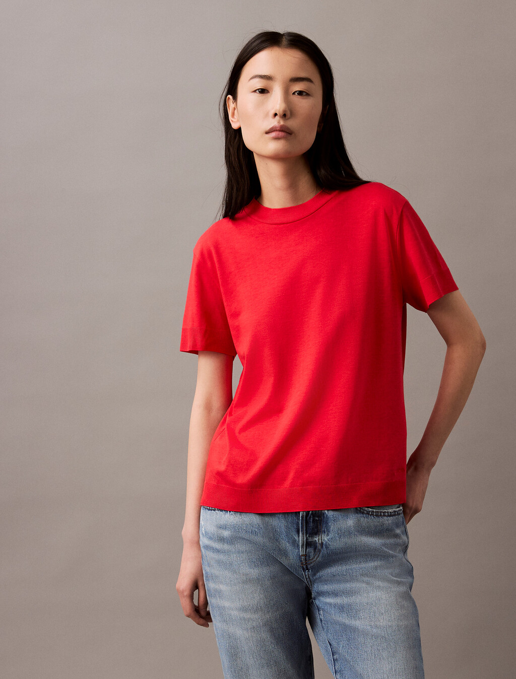 Silk Touch 絲質小高領 T 恤, Tomato, hi-res