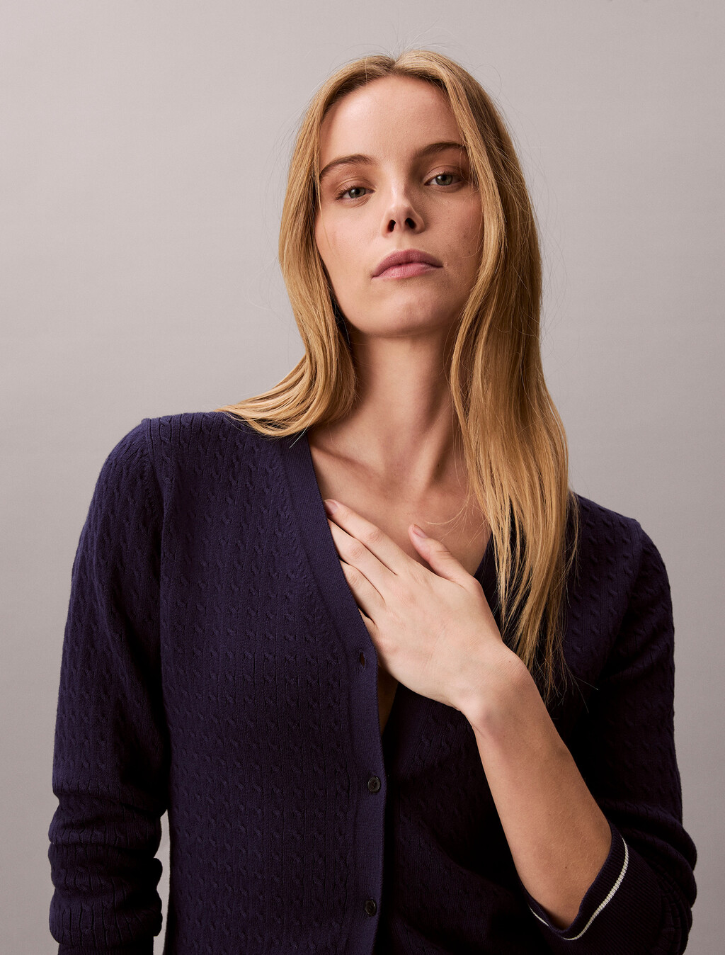 修身絞花針織開襟外套, Evening Blue, hi-res