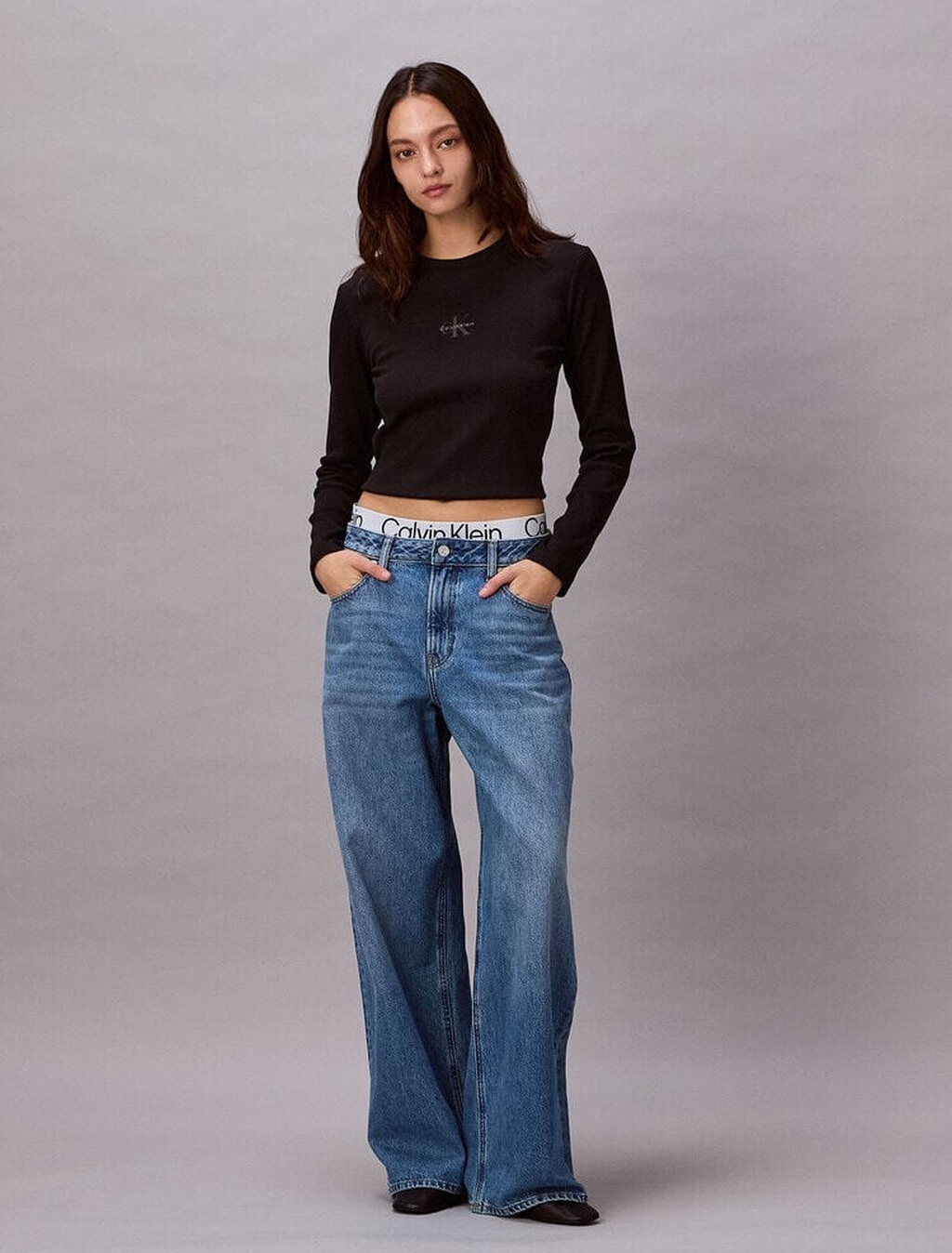 Logo Waistband Low Rise Baggy Jeans, MID BLUE, hi-res