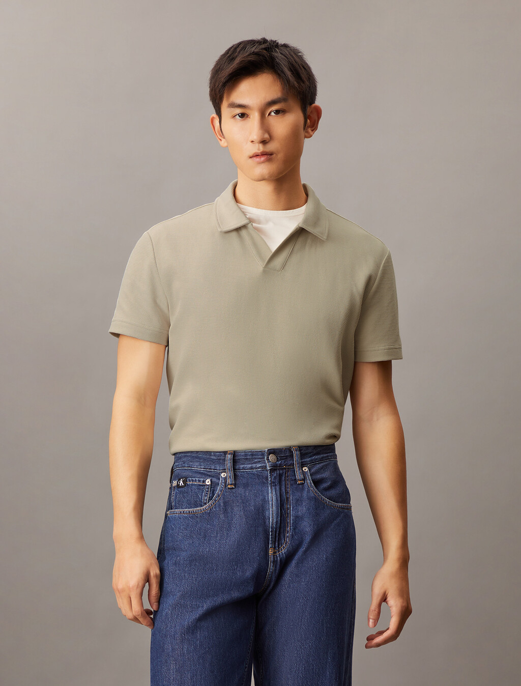 Textured Open Collar Knit Polo, Moonbeam, hi-res