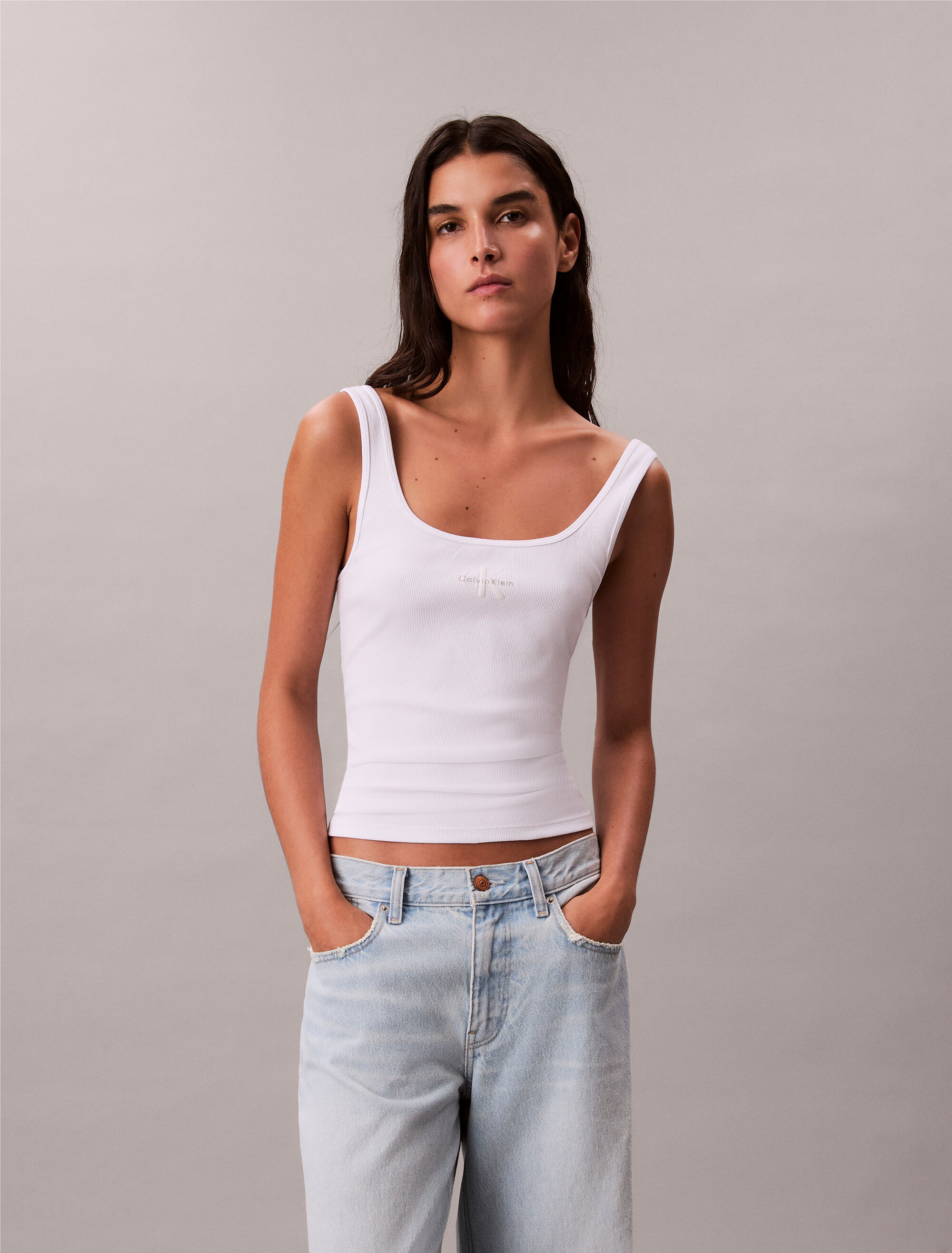 Monogram Scoop Neck Rib Knit Tank Top | white | Calvin Klein Hong Kong