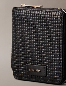 壓花編織拉鍊對摺式銀包, Black, hi-res