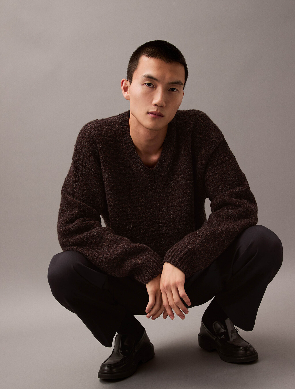 Chunky Wool V Neck Sweater, Mulch Htr, hi-res