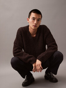 Chunky Wool V Neck Sweater, Mulch Htr, hi-res