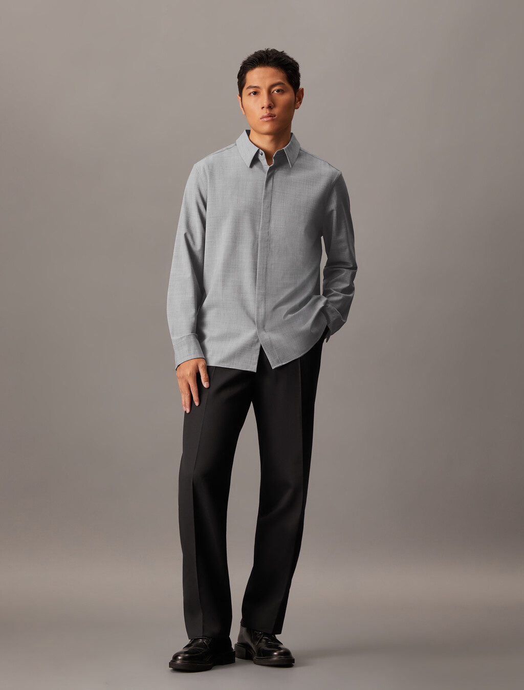 Wool Blend Covered Placket Shirt, Grey Heather, hi-res