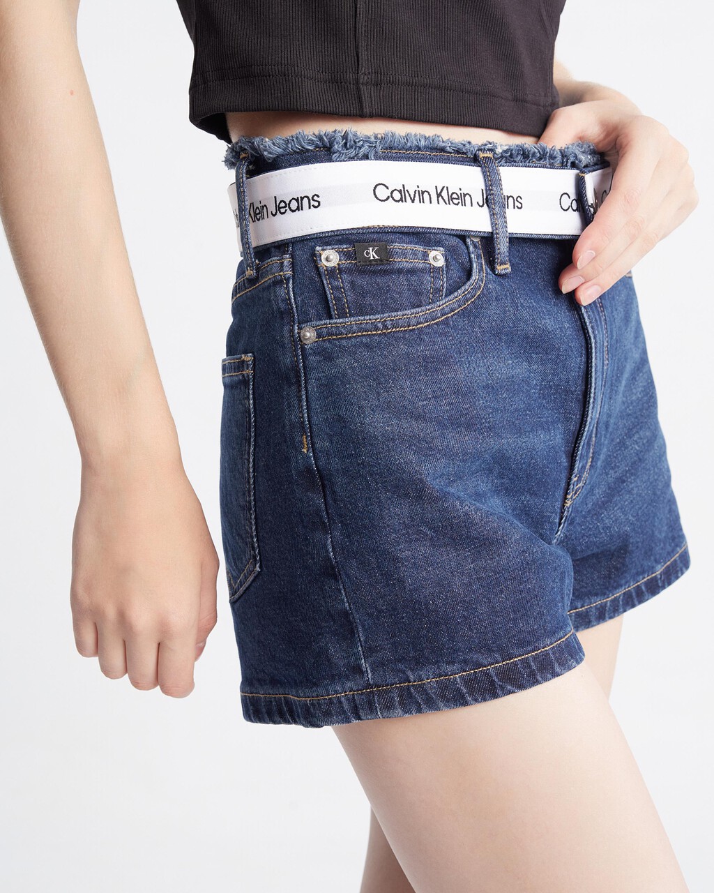 Logo Belt High Rise Denim Shorts, Dark Lg Belt Fray Wb, hi-res