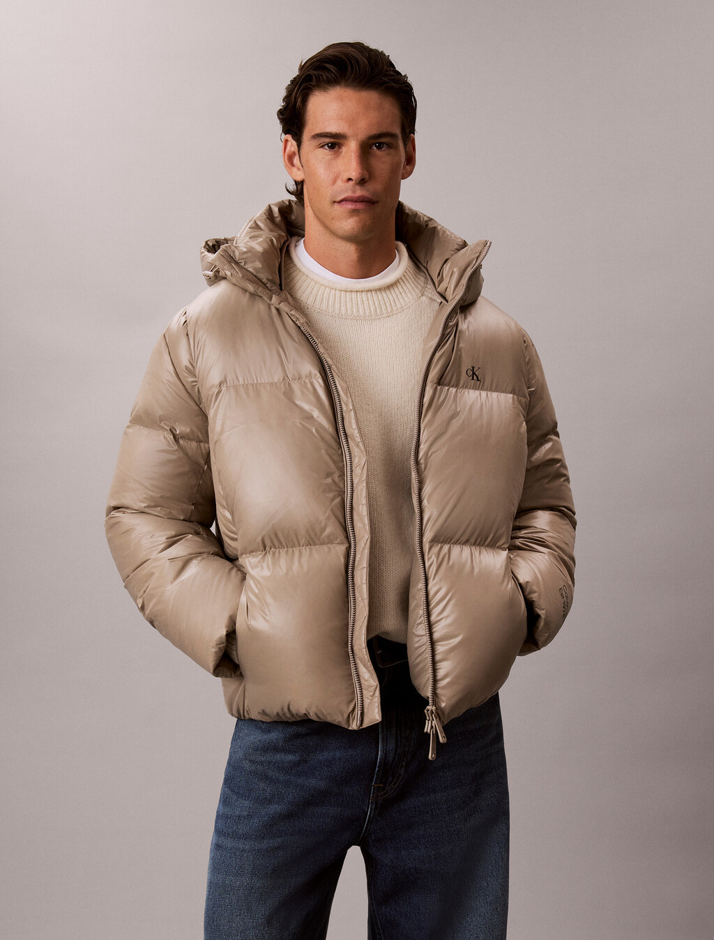 Glossy Down Puffer Jacket With Detachable Hood, Roasted Cashew, hi-res