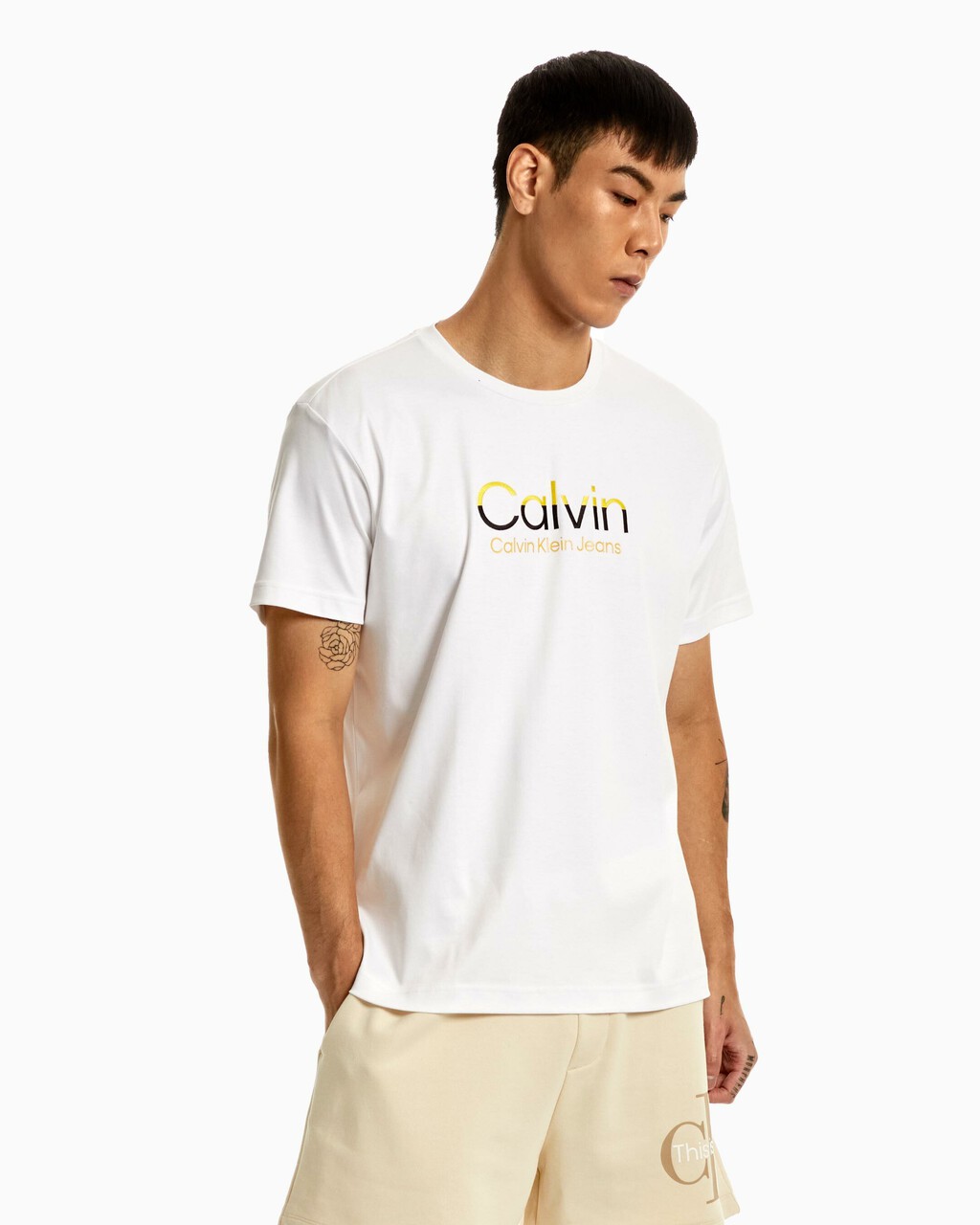 Calvin Embroidered Logo Tee, Bright White, hi-res