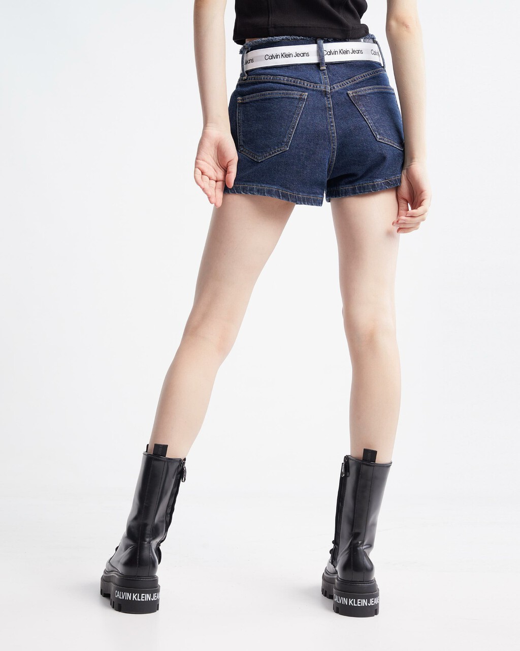 Logo Belt High Rise Denim Shorts, Dark Lg Belt Fray Wb, hi-res