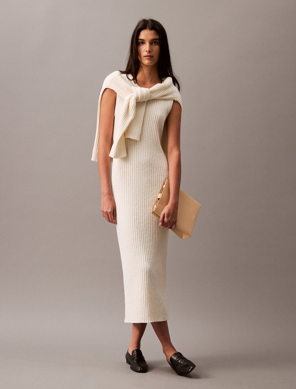 Boucle Crewneck Midi Sweater Dress, Vanilla Ice, hi-res