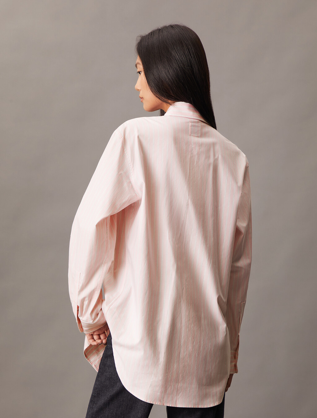 條紋寬鬆鈕扣領襯衫, Powder Pink, hi-res