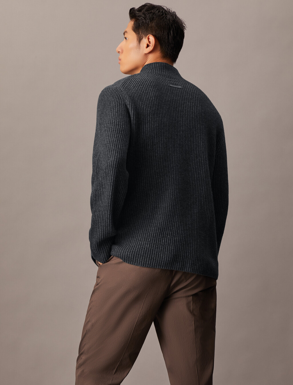 Woolen Rib Knit Mock Neck Sweater, Dark Cliff Htr, hi-res