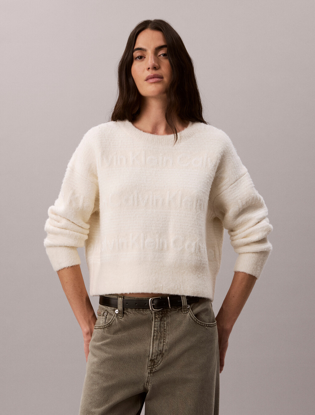 Cotton Wool Textured Logo Jumper, Tofu, hi-res