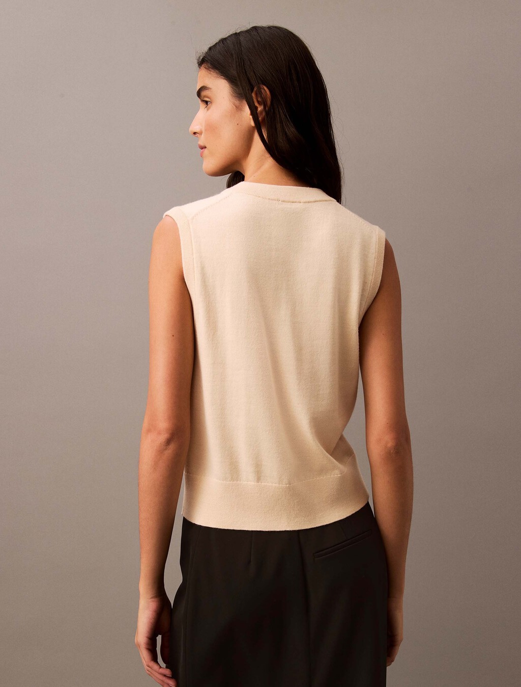 Merino V Neck Shrunken Vest, Linen, hi-res