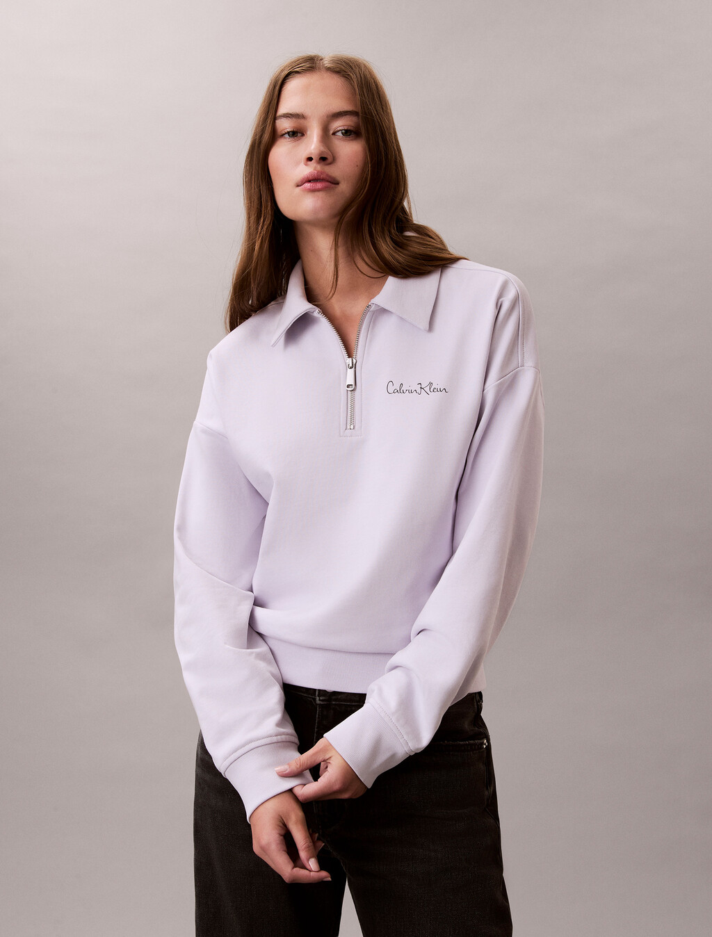 French Terry Relaxed Quarter Zip Sweatshirt, Frosty Lilac, hi-res