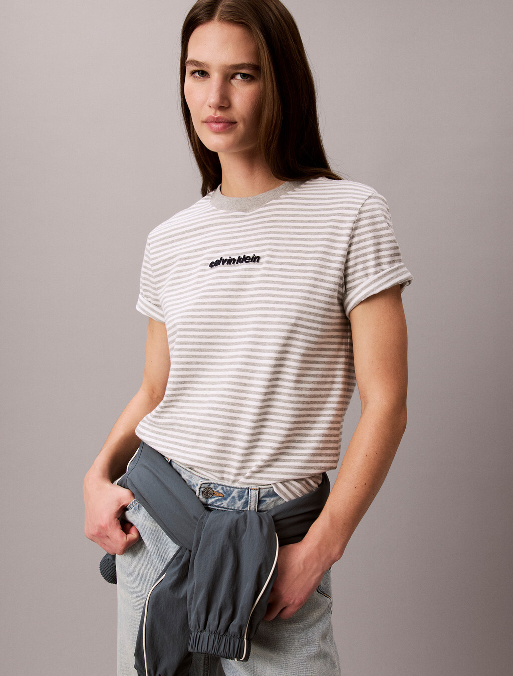 Classic Stripe Logo Print Tee, Grey Heather + Bright White Stripe, hi-res
