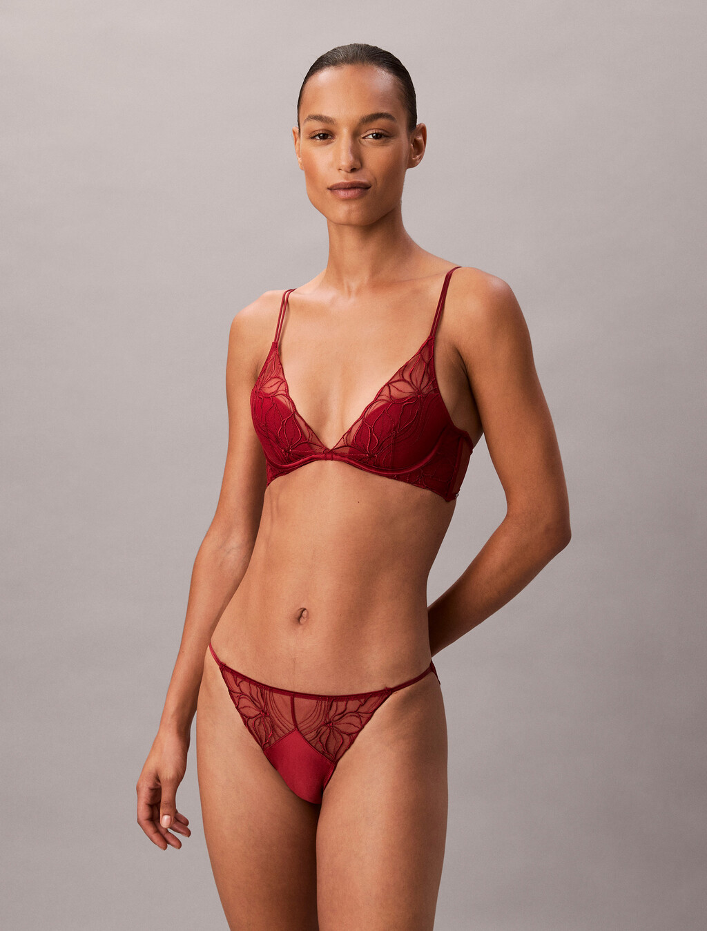 Lightly Lined Plunge Bra - CK Black Floral Lace, Fall Berry, hi-res