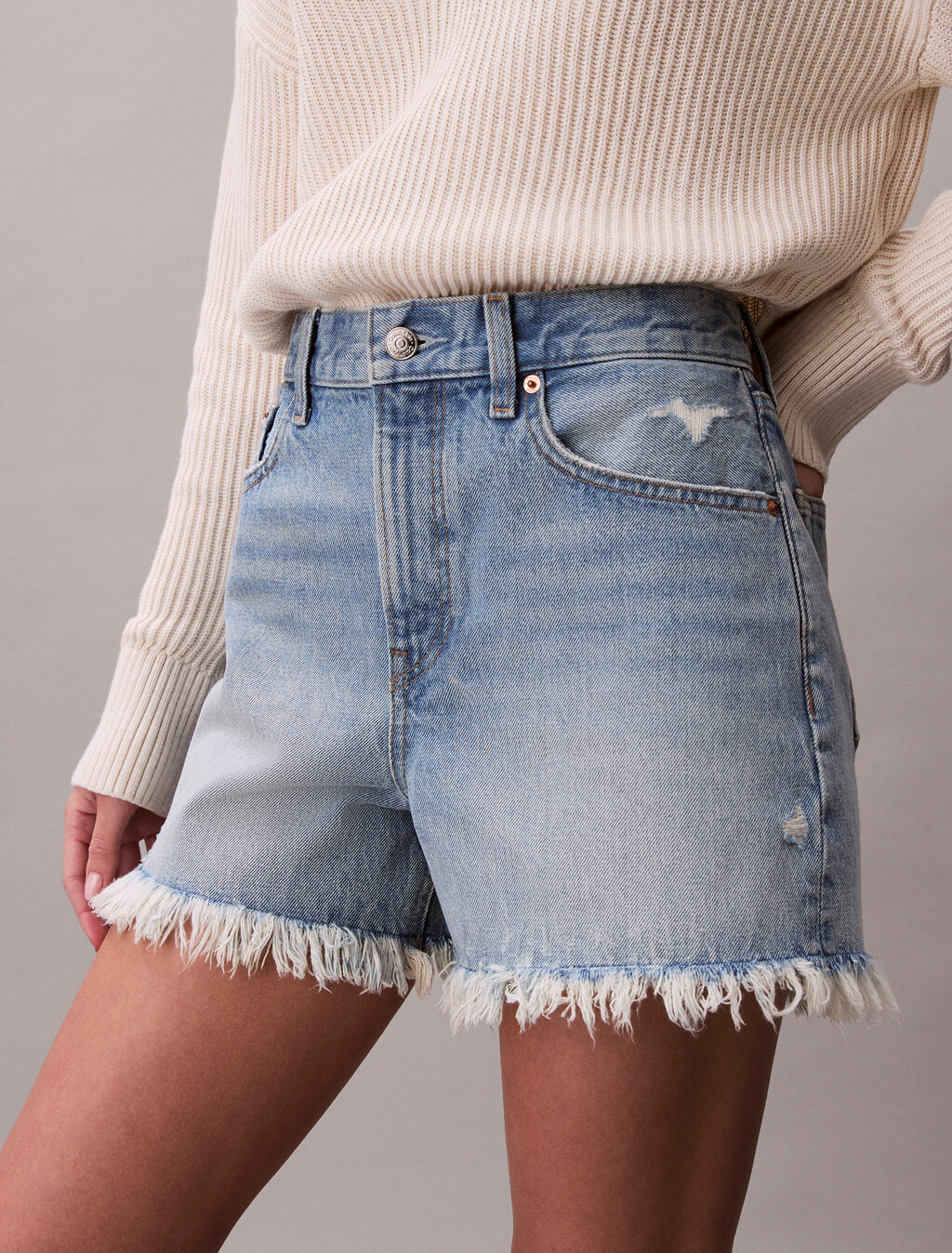 90s Relaxed Frayed Denim Shorts, BARDOT BLUE, hi-res