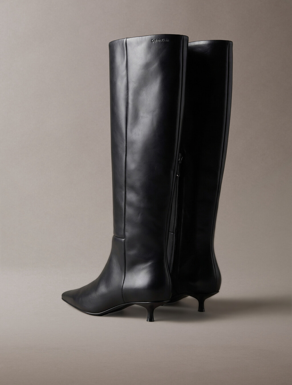 Leather Kitten Heel Knee Boots, Triple Black, hi-res