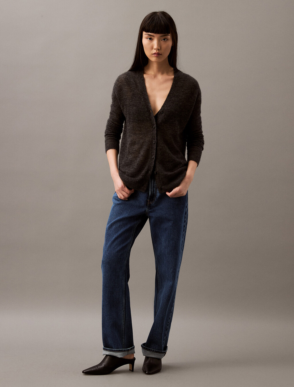 Sheer Alpaca Open Gauge Cardigan, B85 Gun Metal Heather, hi-res