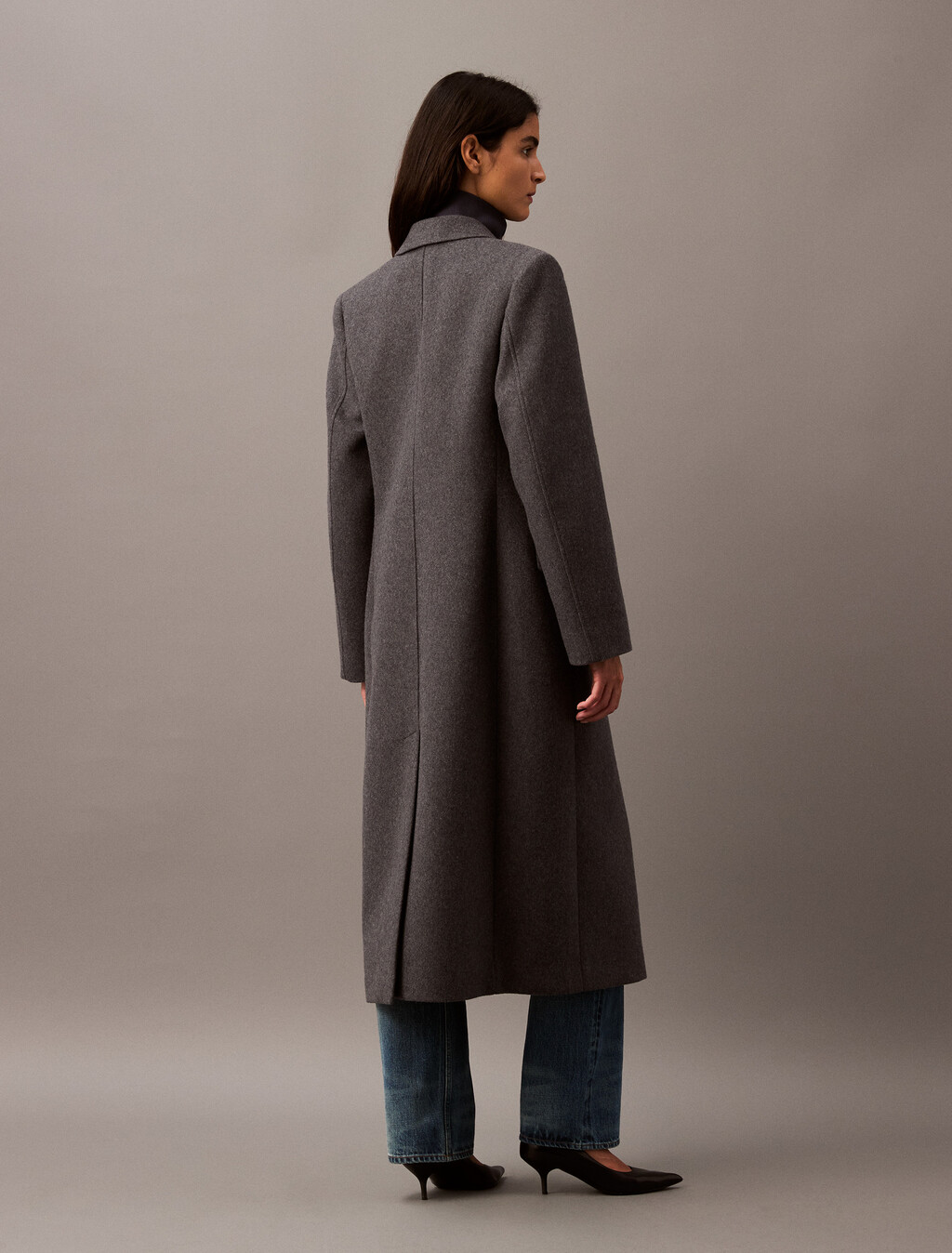 Long Brushed Wool Blend Coat, Charcoal Melange, hi-res