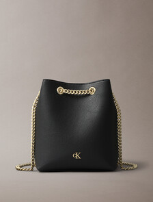 Minimal Monogram Chain Bucket Bag, Black, hi-res