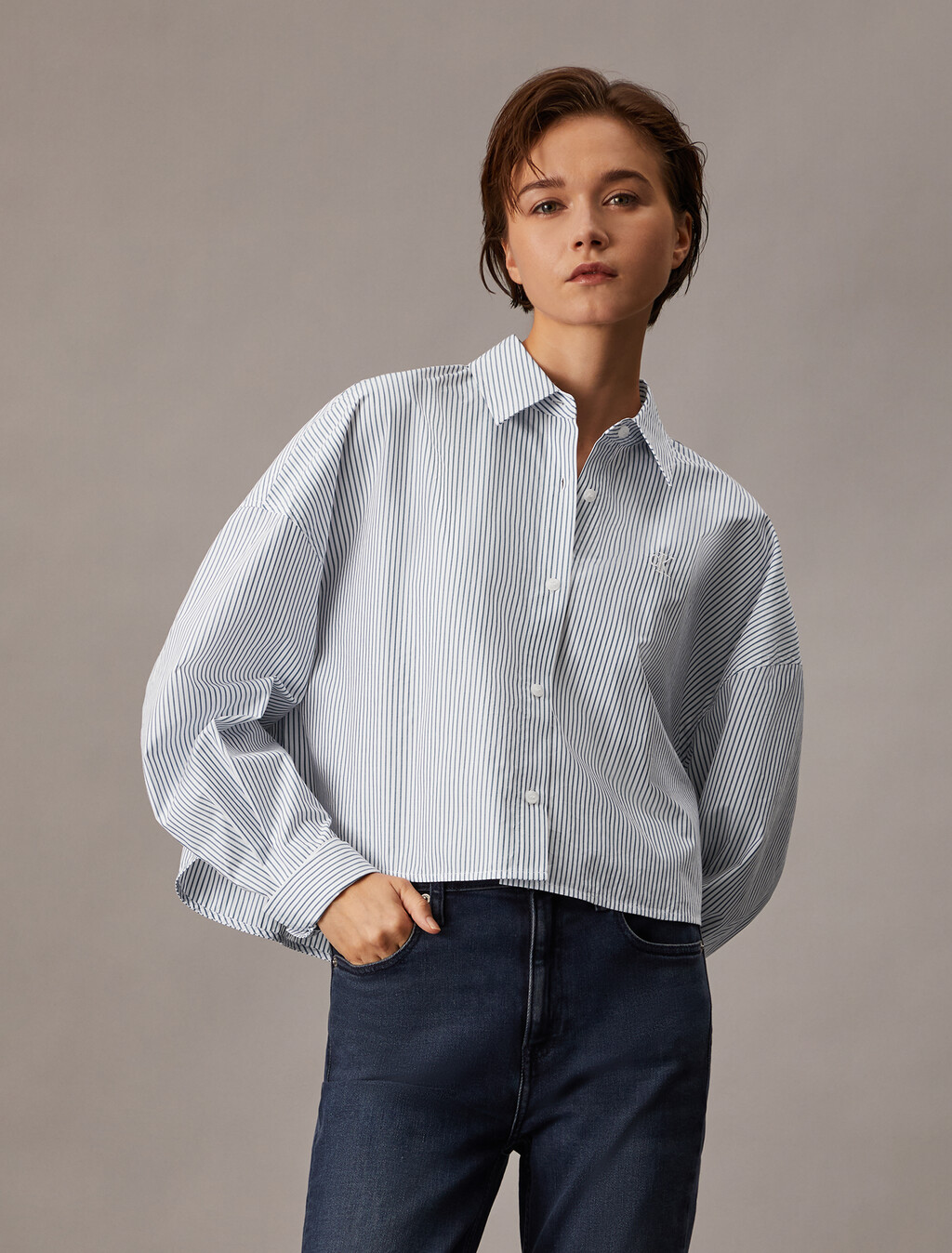 短版條紋襯衫, Chambray Blue / White Stripe, hi-res