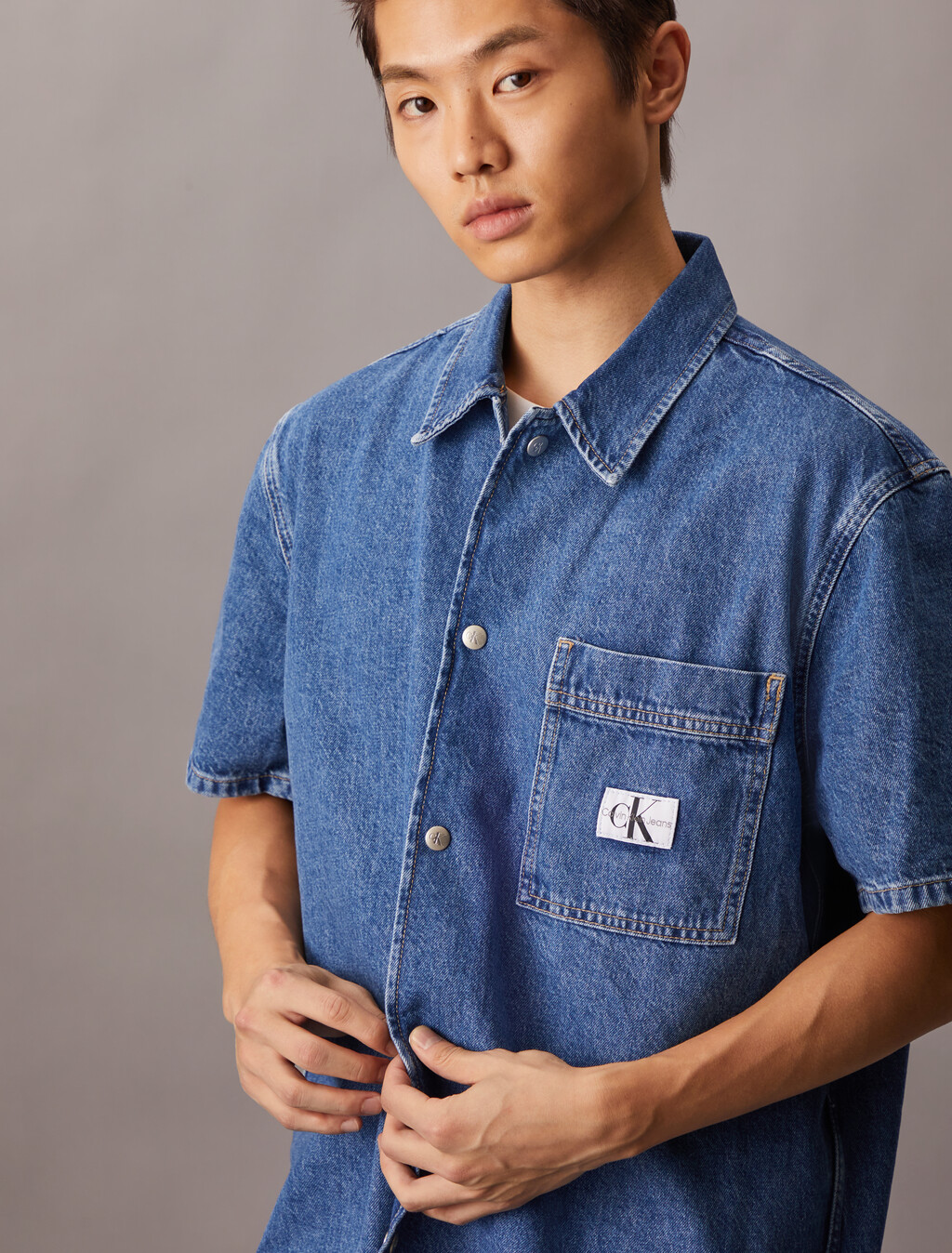 牛仔短袖襯衫, Denim Medium, hi-res