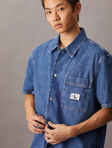 牛仔短袖襯衫, Denim Medium, hi-res