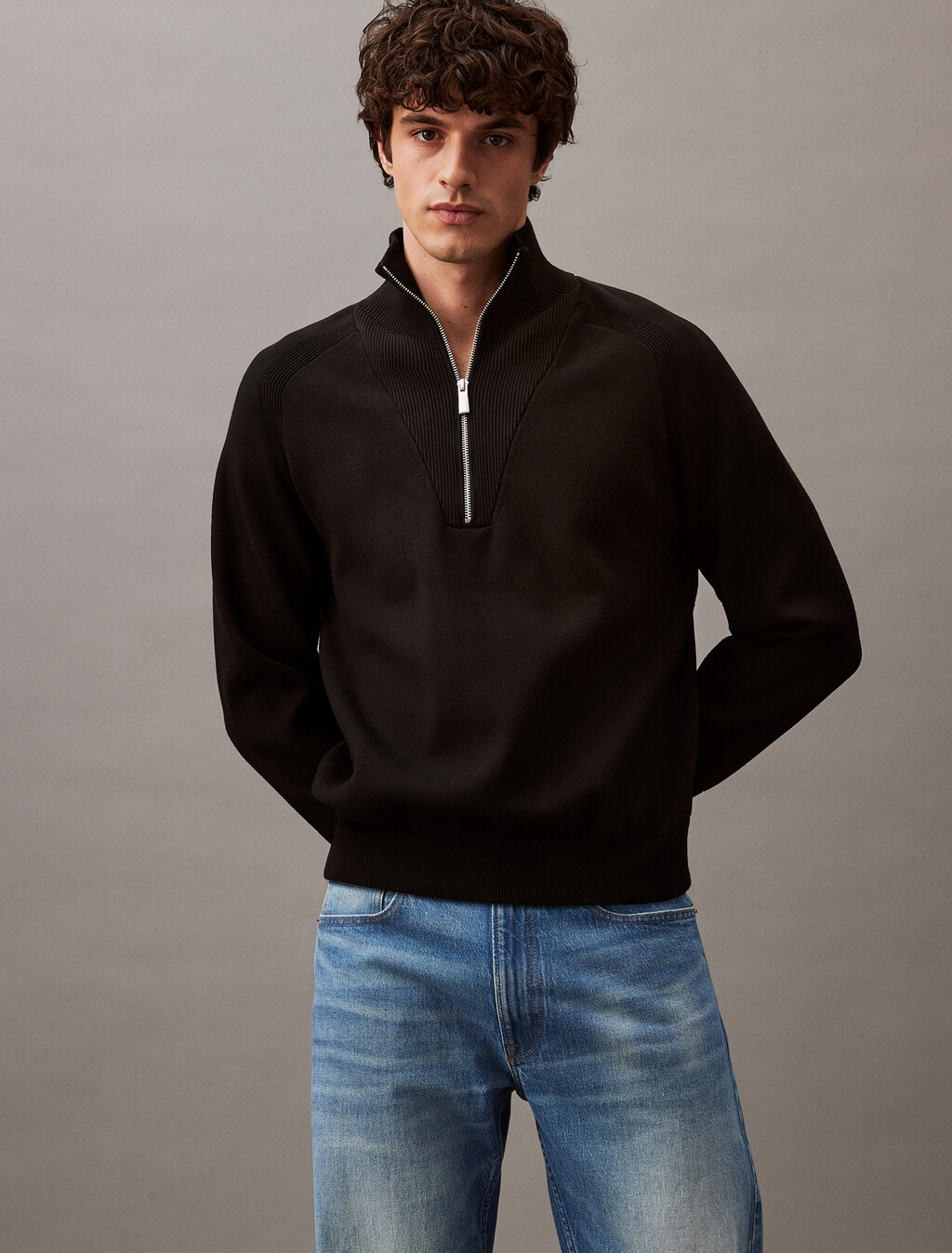 Tech Knit Quarter Zip Sweater, Black, hi-res