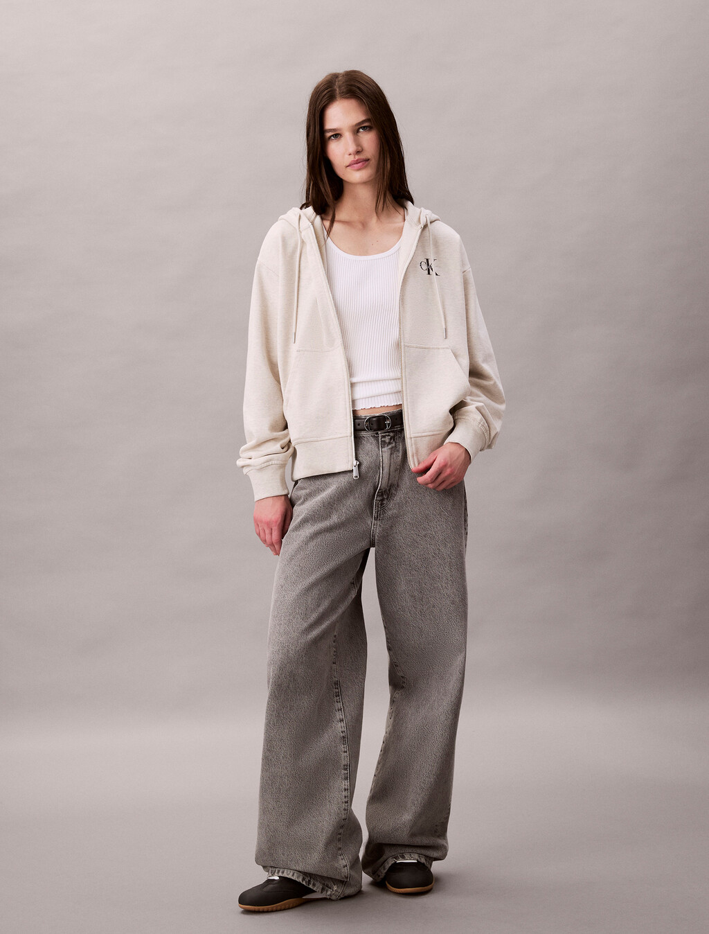 Monogram Cotton Terry Zip Thru Hoodie, Vanilla Heather, hi-res