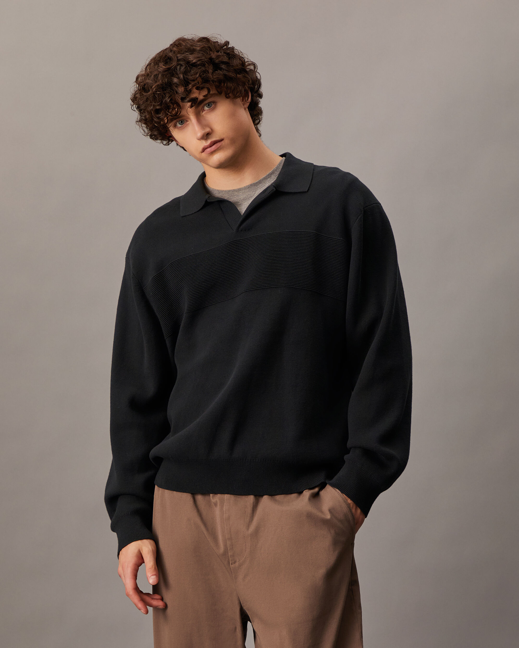 Rugby Knit Long Sleeve Polo | black | Calvin Klein Hong Kong