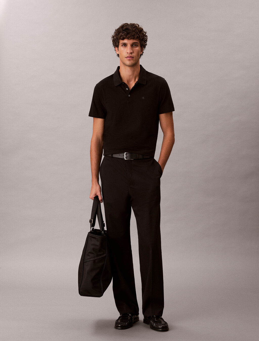 Stretch Cotton Slim Polo, Black, hi-res