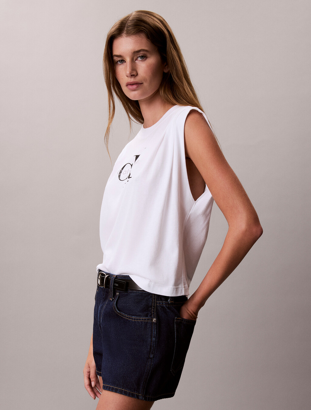 Monogram Shoulder Pleat Tee, Bright White, hi-res