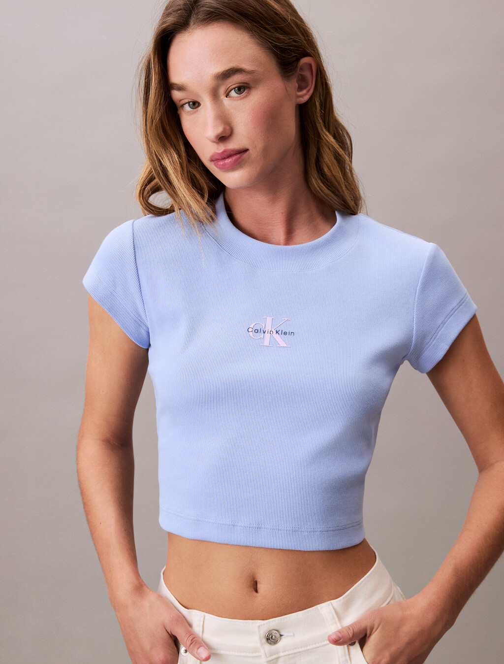 Slim Cropped Monogram T-shirt, Moderate Blue, hi-res